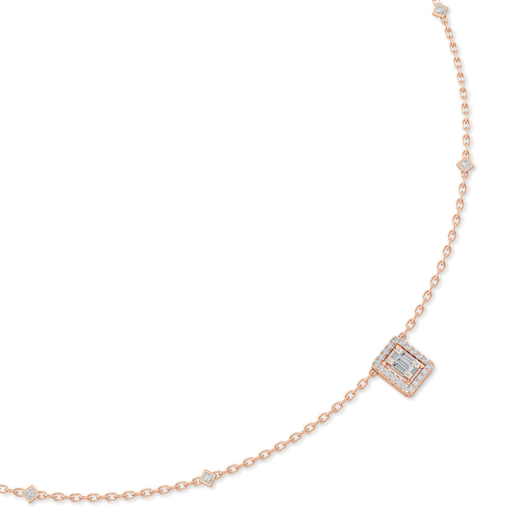 Certified 14K Gold  0.3ct Natural Diamond Princess Baguette Square Station Necklace