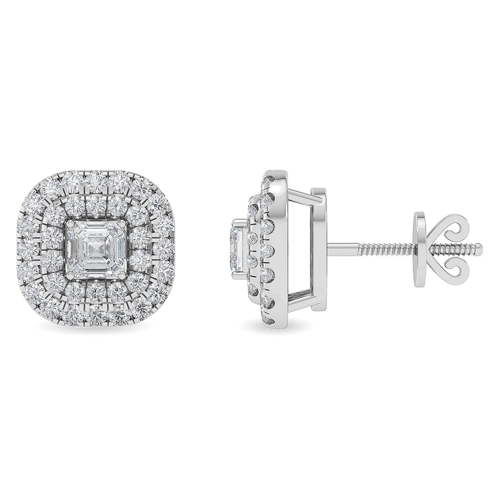 Certified 14K Gold  2.3ct Natural Diamond Square Halo Cushion Triple Stud Earrings