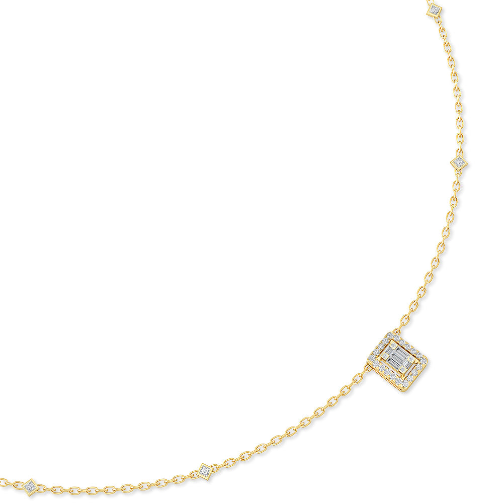 Certified 14K Gold  0.3ct Natural Diamond Princess Baguette Square Station Necklace