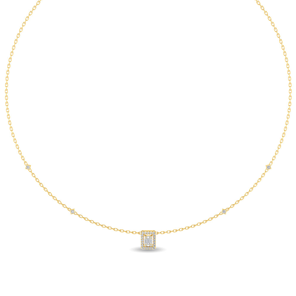 Certified 14K Gold  0.3ct Natural Diamond Princess Baguette Square Station Necklace