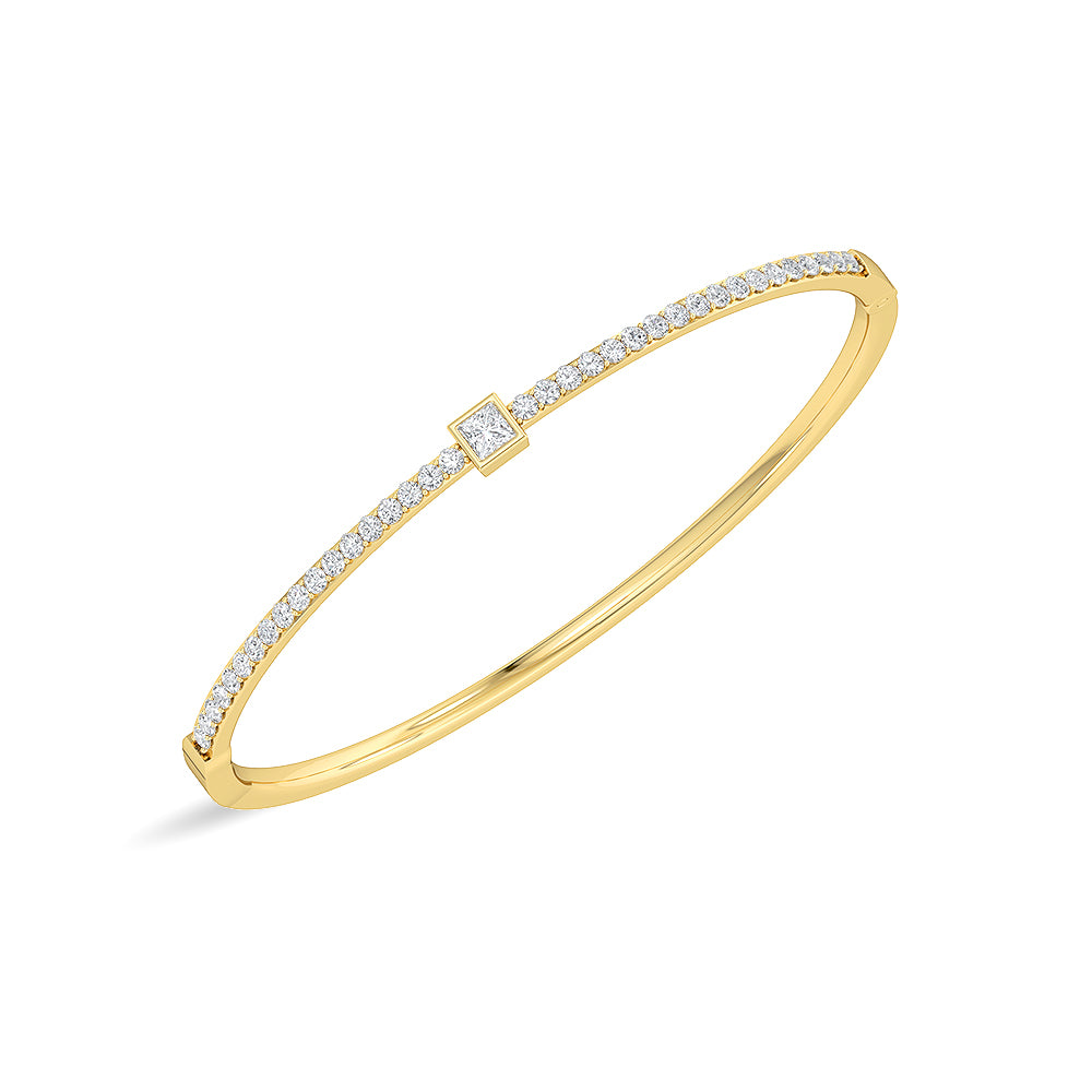 Certified 14K Gold  1.1ct Natural Diamond Princess Tennis Bangle Bezel Bracelet