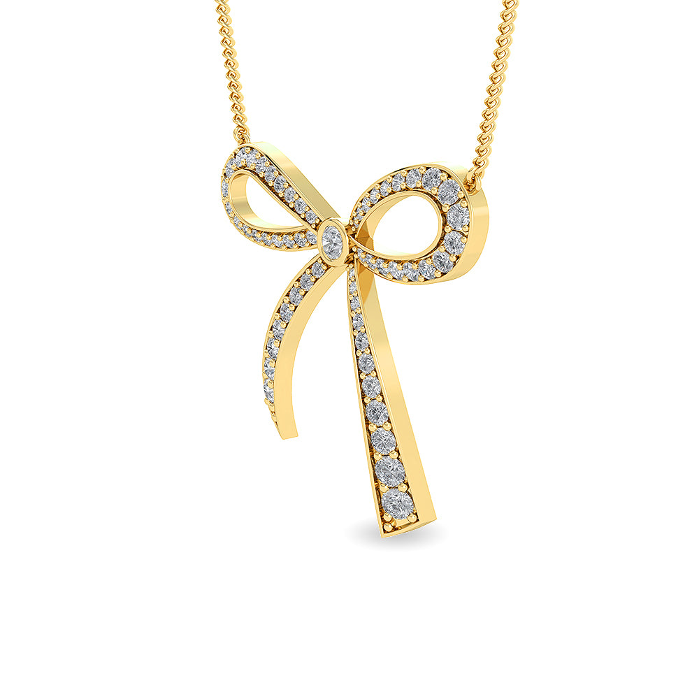 Certified 14K Gold  1.2ct Natural Diamond Mini Bow  Ribbon  Charm Knot Necklace