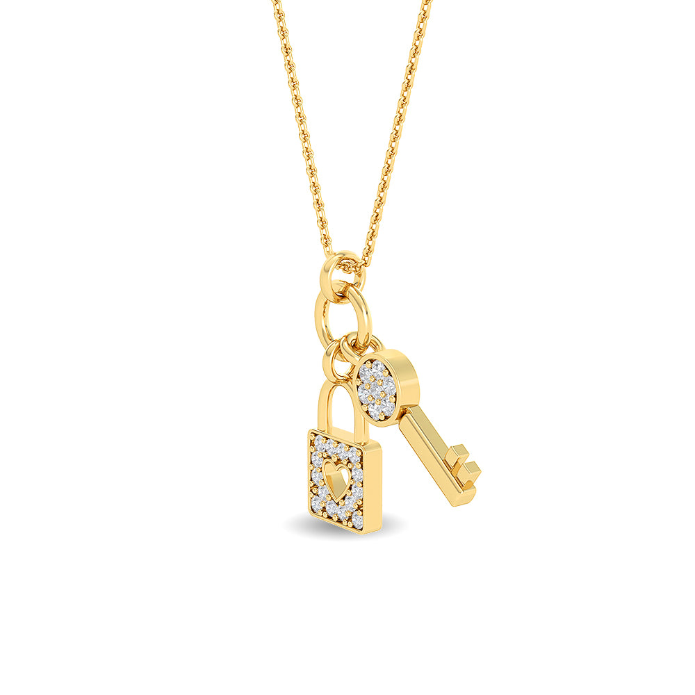 Certified 14K Gold  0.1ct Natural Diamond Lock Key Pave Necklace