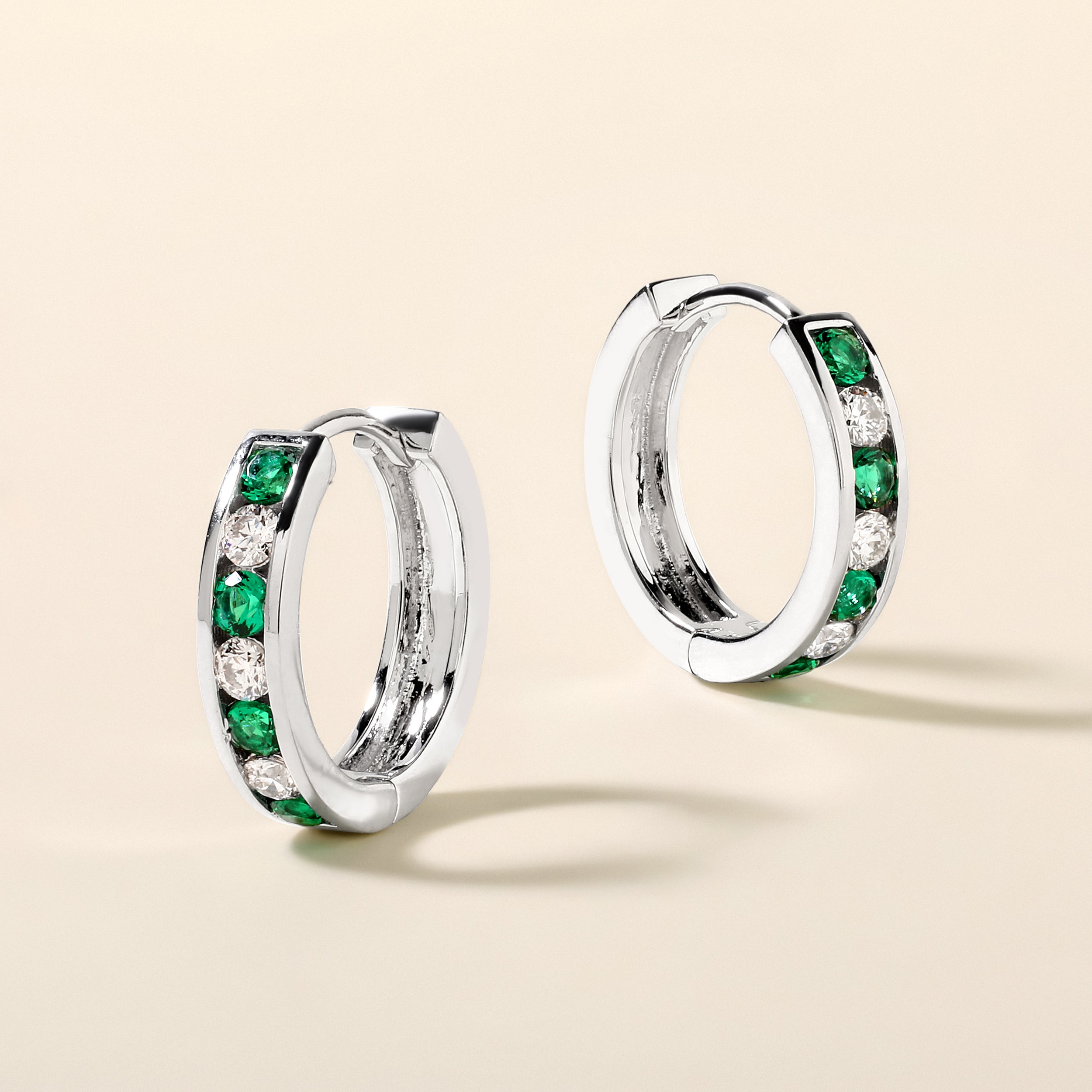 Certified 14K Gold 0.5ct Natural Diamond w/ Lab Green Emerald Hoop Earrings